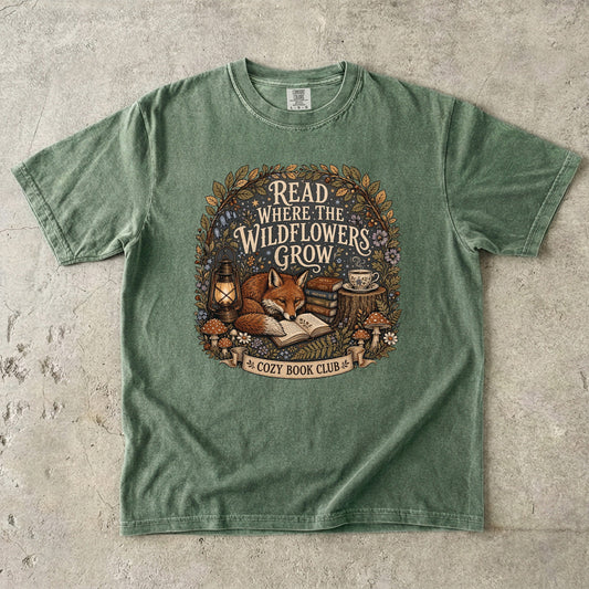 Read Where the Wildflowers Grow fox reading T-shirt with books and woodland wildflowers on Moss.