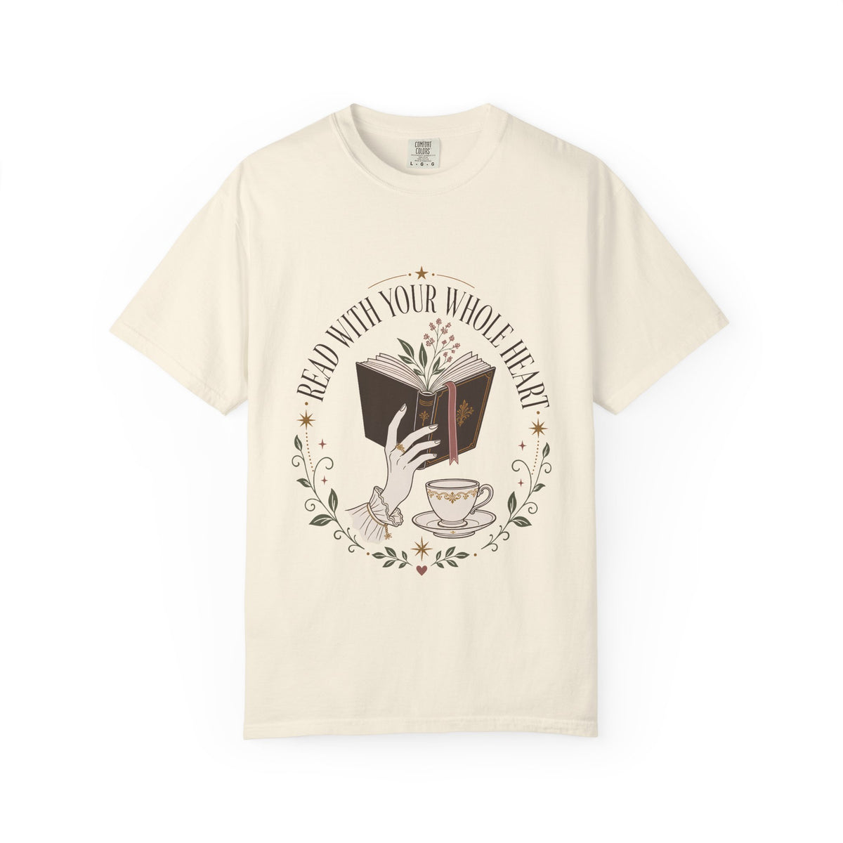 Read With Your Whole Heart book lover T-shirt with open book, tea cup, flowers and vintage botanical details on Ivory.