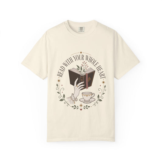 Read With Your Whole Heart book lover T-shirt with open book, tea cup, flowers and vintage botanical details on Ivory.