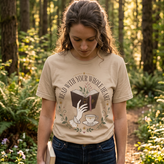 Woman wearing a Read With Your Whole Heart book lover T-shirt outdoors, featuring an open book, tea cup and botanical design.