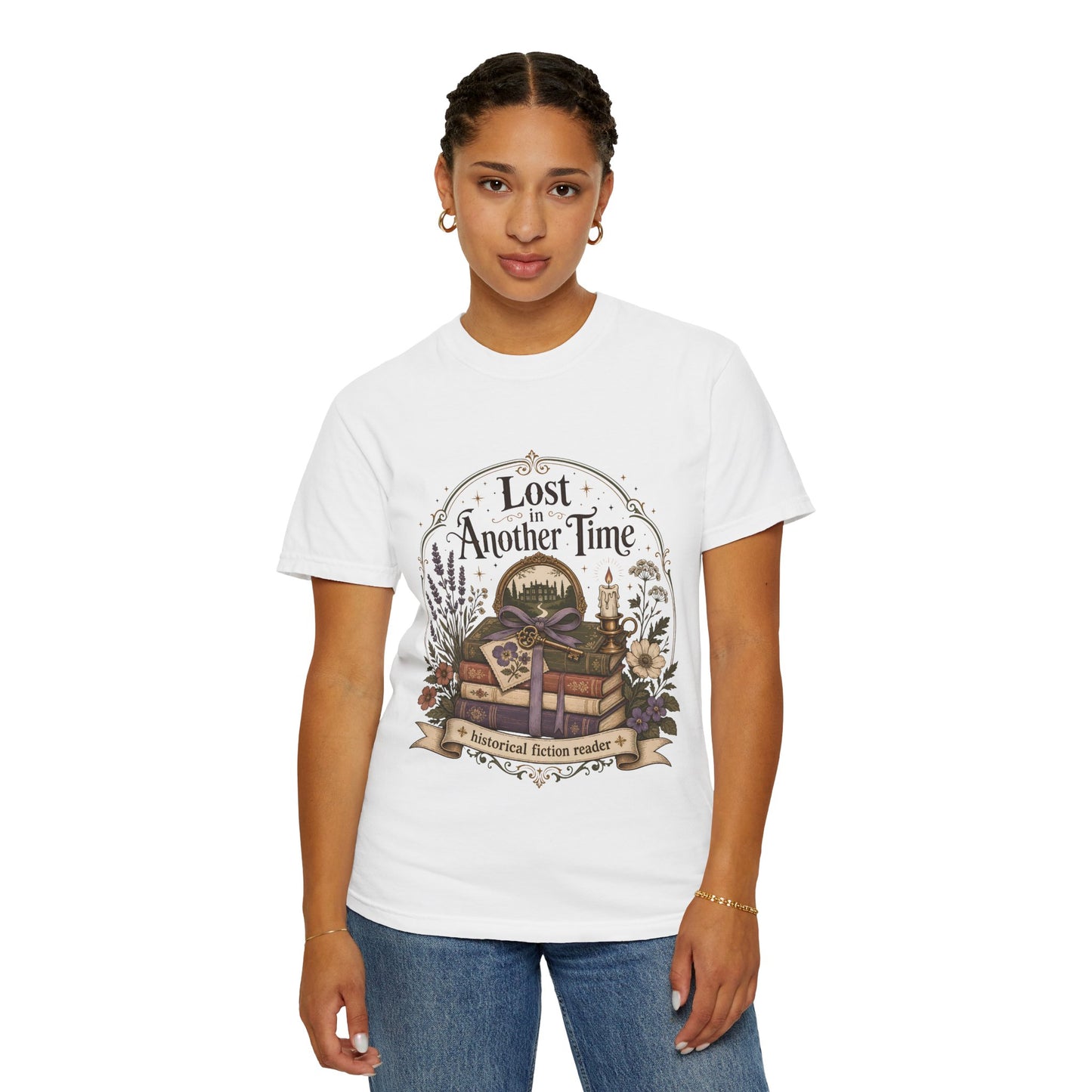 Person wearing a white Comfort Colors reader T-shirt with an illustrated vintage bookshop design for everyday literary style.