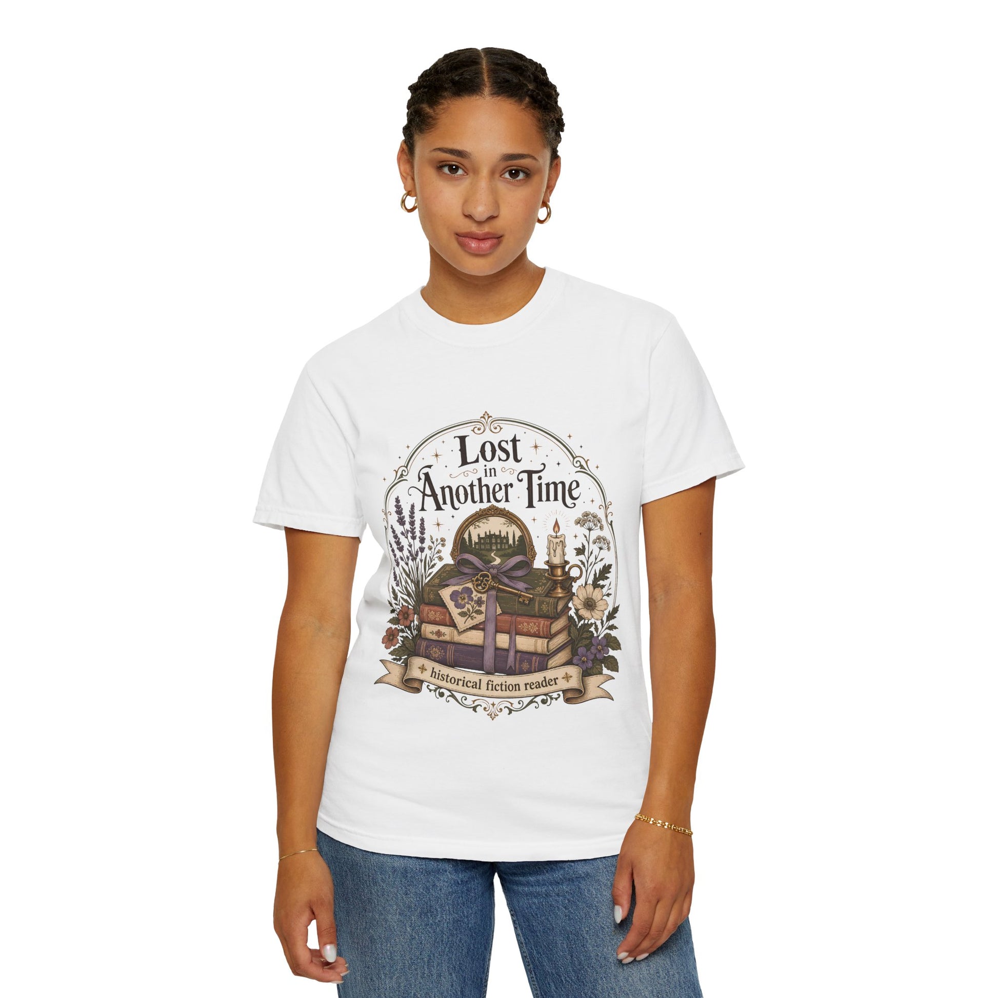 Person wearing a white Comfort Colors reader T-shirt with an illustrated vintage bookshop design for everyday literary style.