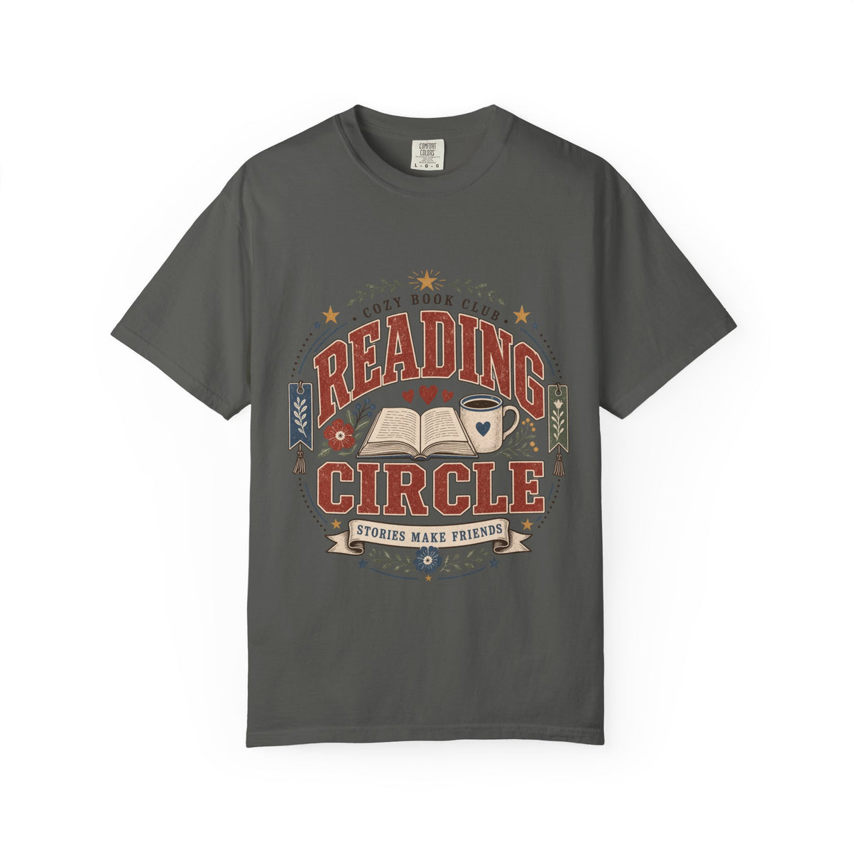 Reading Circle cozy book club T-shirt with open book, coffee mug, floral details, bookmarks and Stories Make Friends design on Pepper.