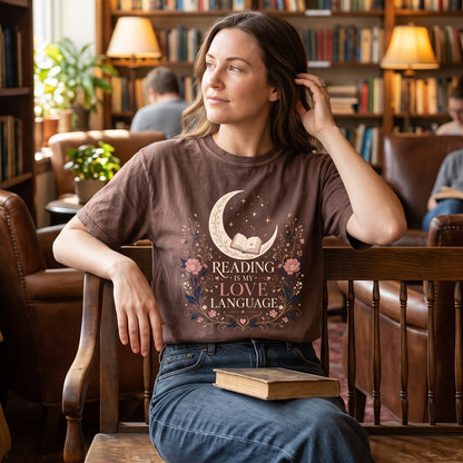Reading Is My Love Language book lover T-shirt with an open book, crescent moon, stars and pink botanical artwork.