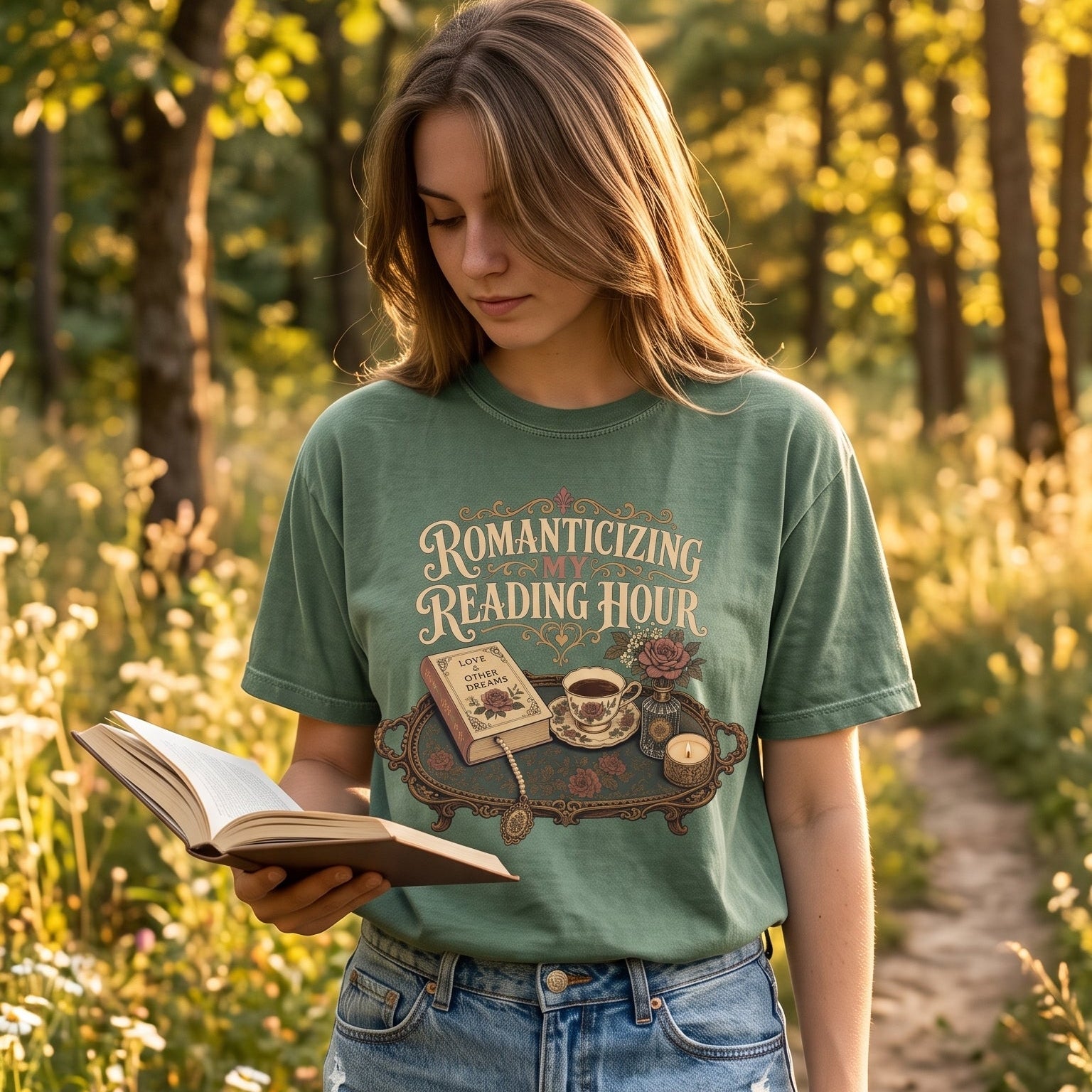 Woman wearing a Moss Comfort Colors® Romanticizing My Reading Hour book lover T-shirt while reading outdoors in warm evening light, showcasing the vintage literary design inspired by cozy reading rituals.