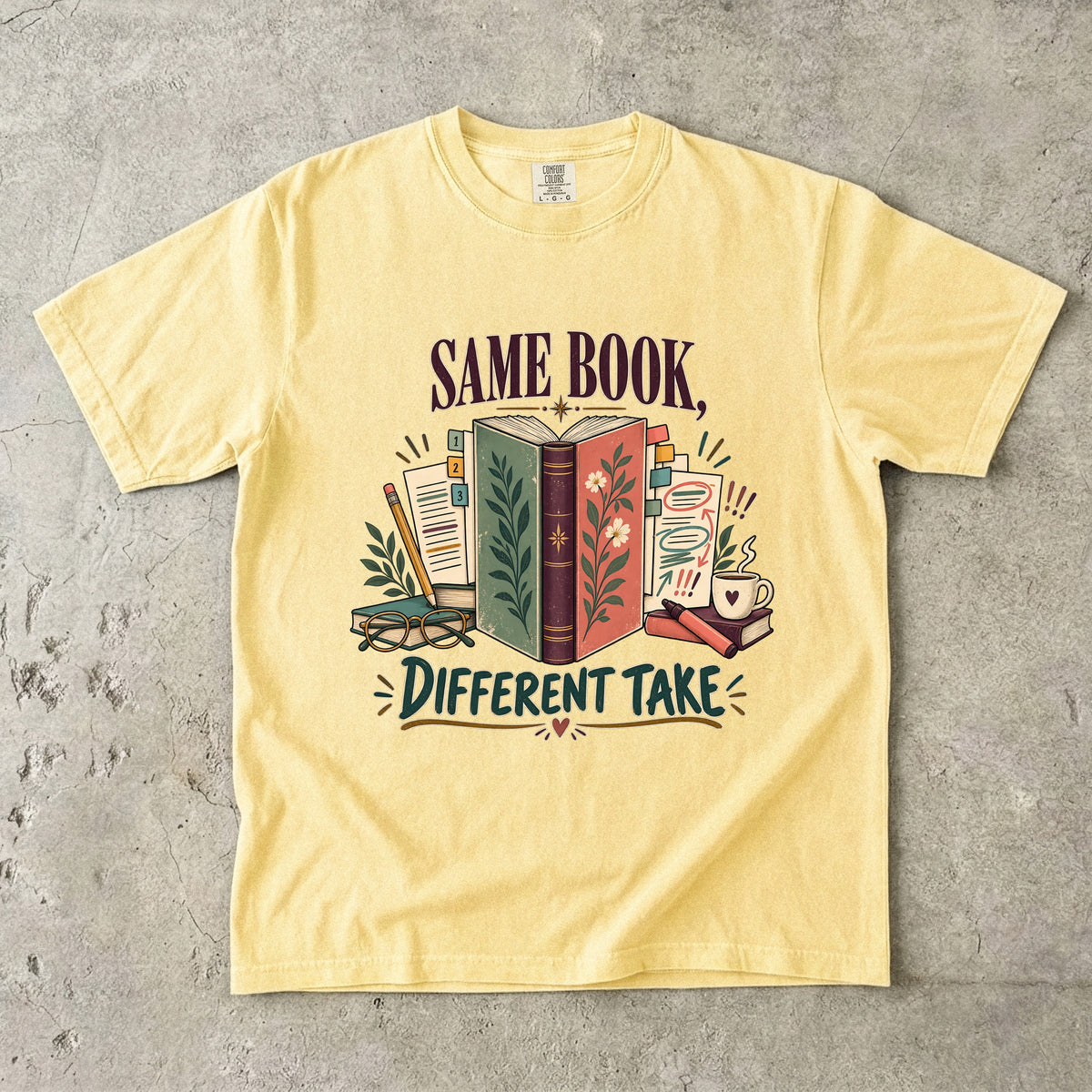 Butter book club T-shirt with “Same Book, Different Take,” an open book and annotated pages