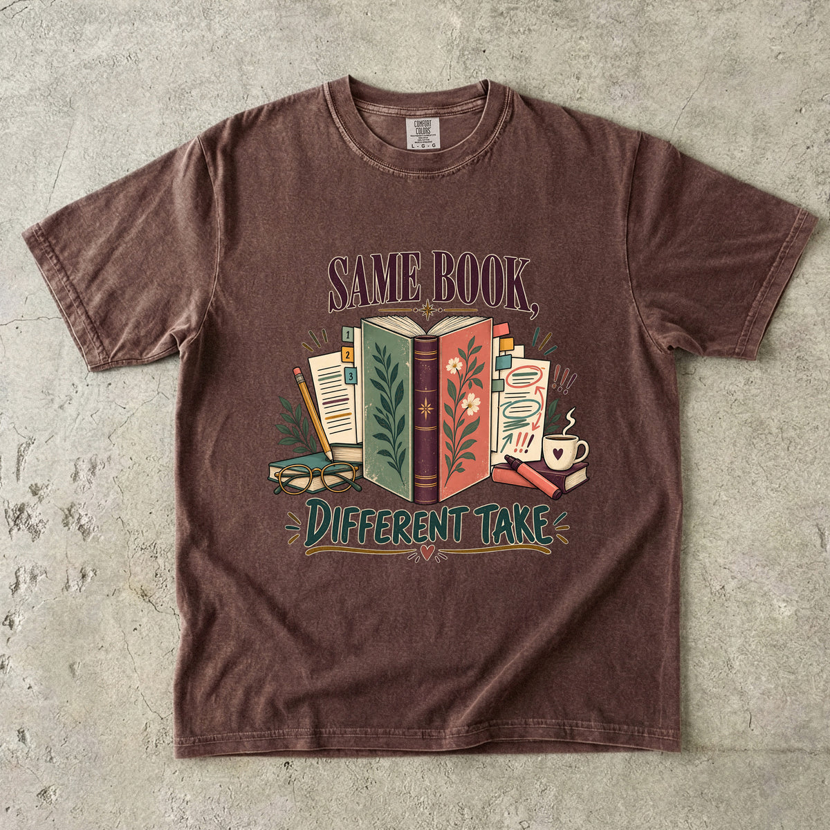 Espresso book club T-shirt with “Same Book, Different Take,” an open book and annotated pages
