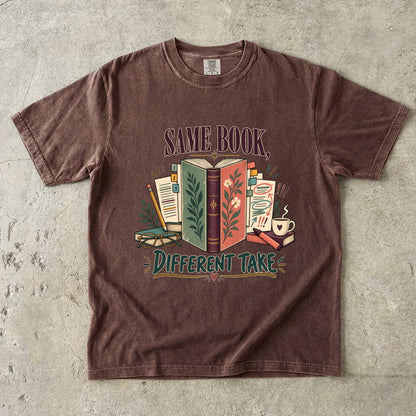 Espresso book club T-shirt with “Same Book, Different Take,” an open book and annotated pages