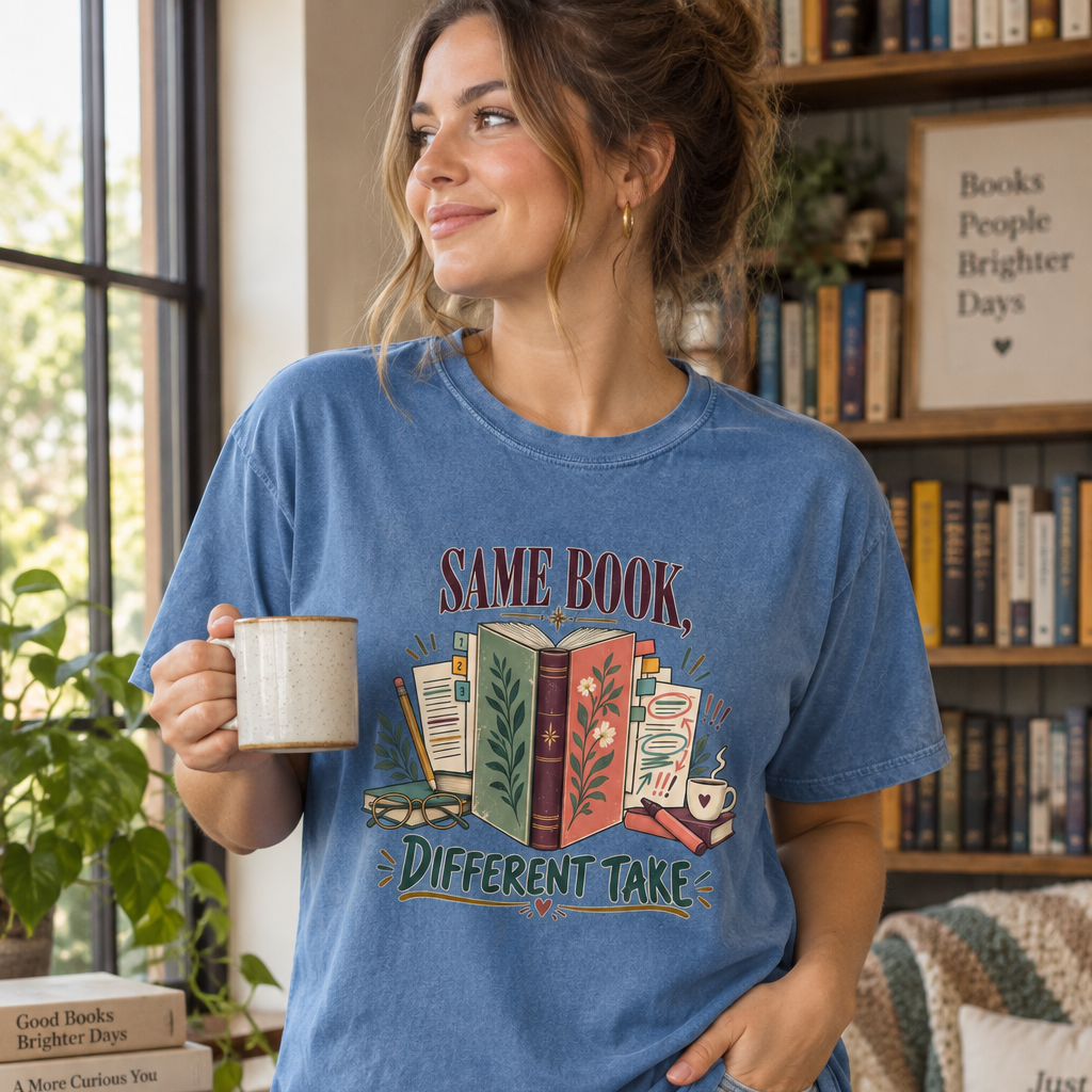 Book club T-shirt featuring “Same Book, Different Take” with an open book and annotated pages