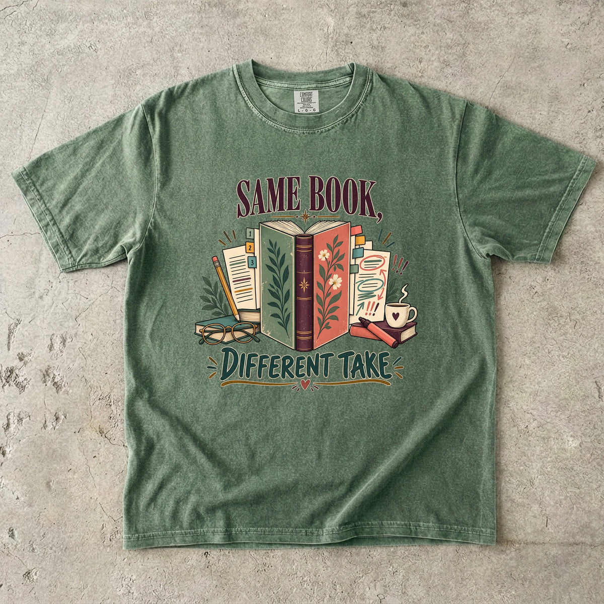 Moss book club T-shirt with “Same Book, Different Take,” an open book and annotated pages