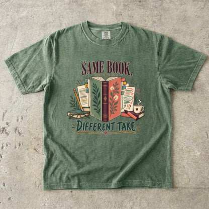 Moss book club T-shirt with “Same Book, Different Take,” an open book and annotated pages