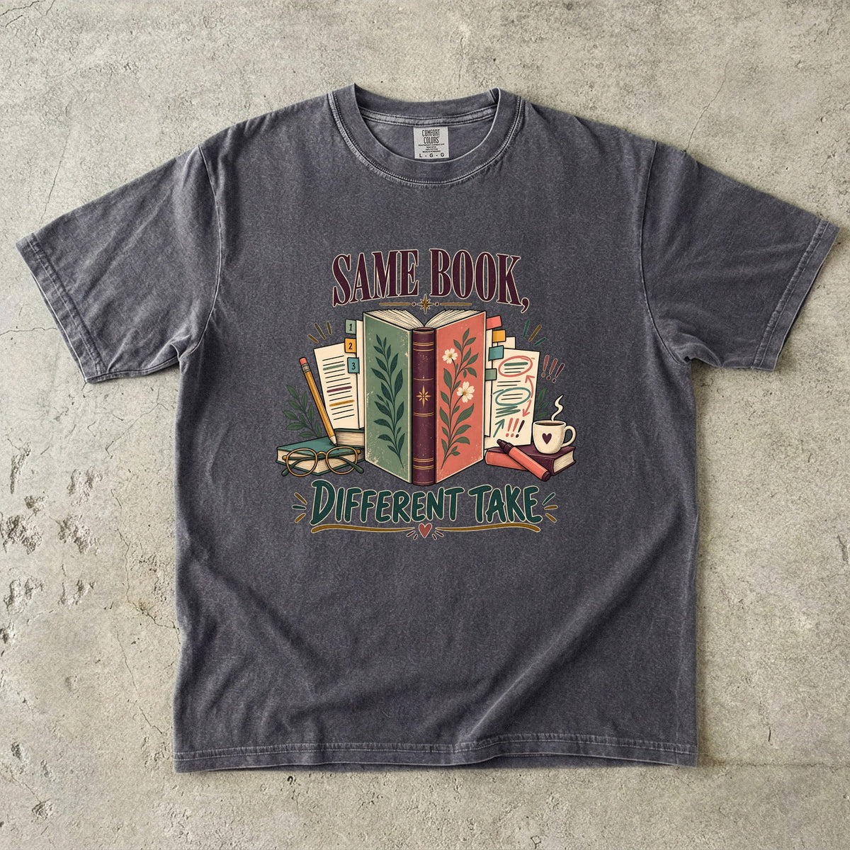 Pepper book club T-shirt with “Same Book, Different Take,” an open book and annotated pages