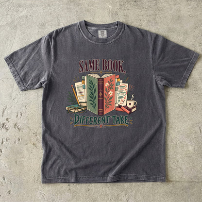 Pepper book club T-shirt with “Same Book, Different Take,” an open book and annotated pages