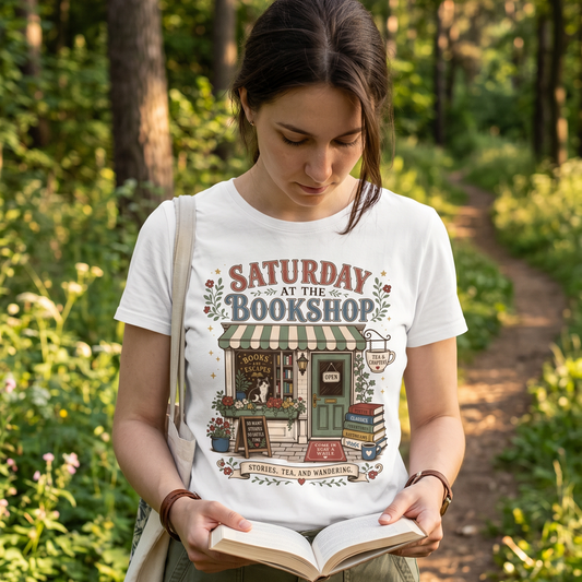 Woman wearing Saturday at the Bookshop book lover T-shirt outdoors while reading, featuring a cozy bookstore, books, flowers and tea.