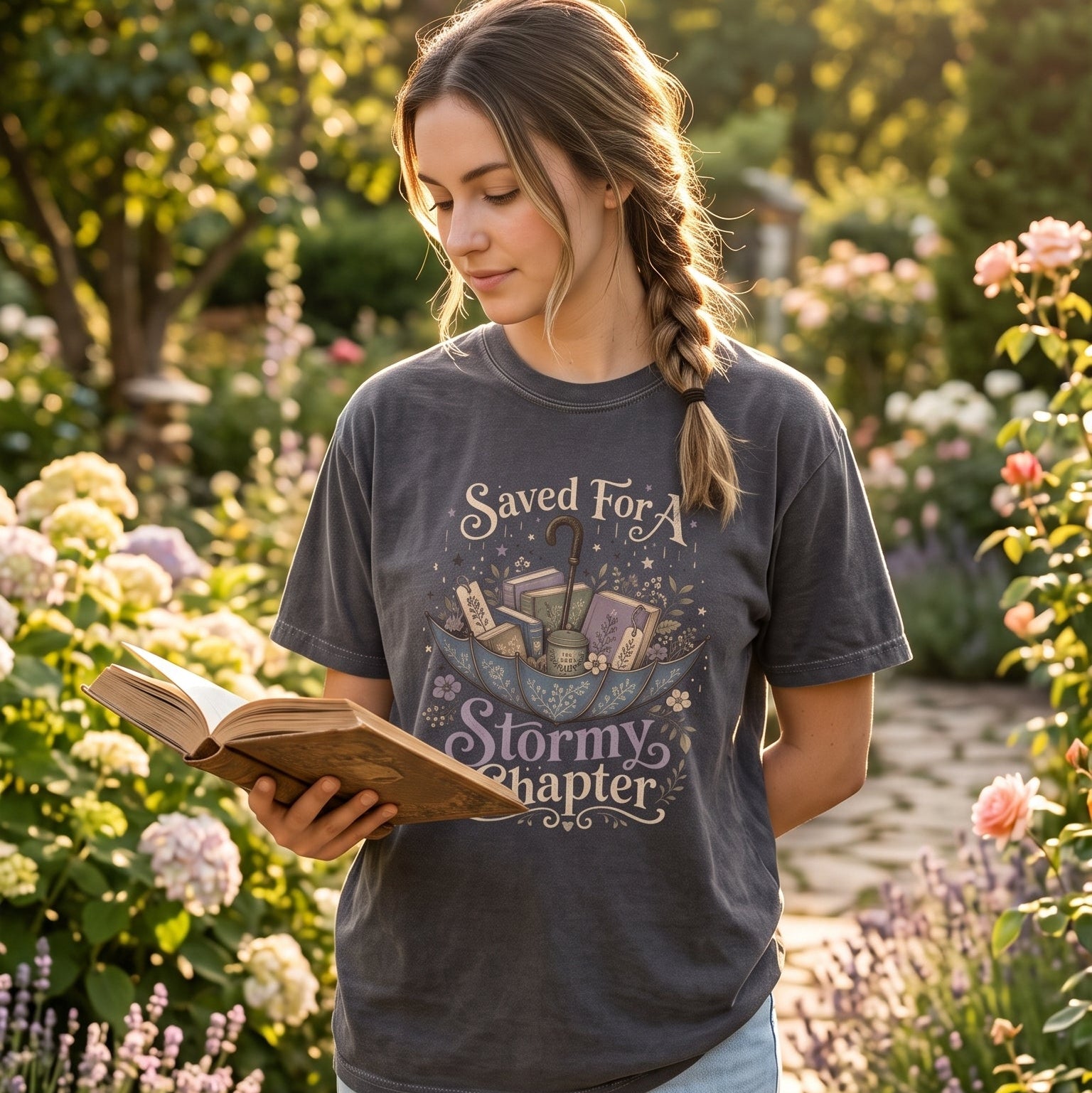 Saved for a Stormy Chapter rainy day reading T-shirt featuring a floral umbrella overflowing with books, tea and bookmarks