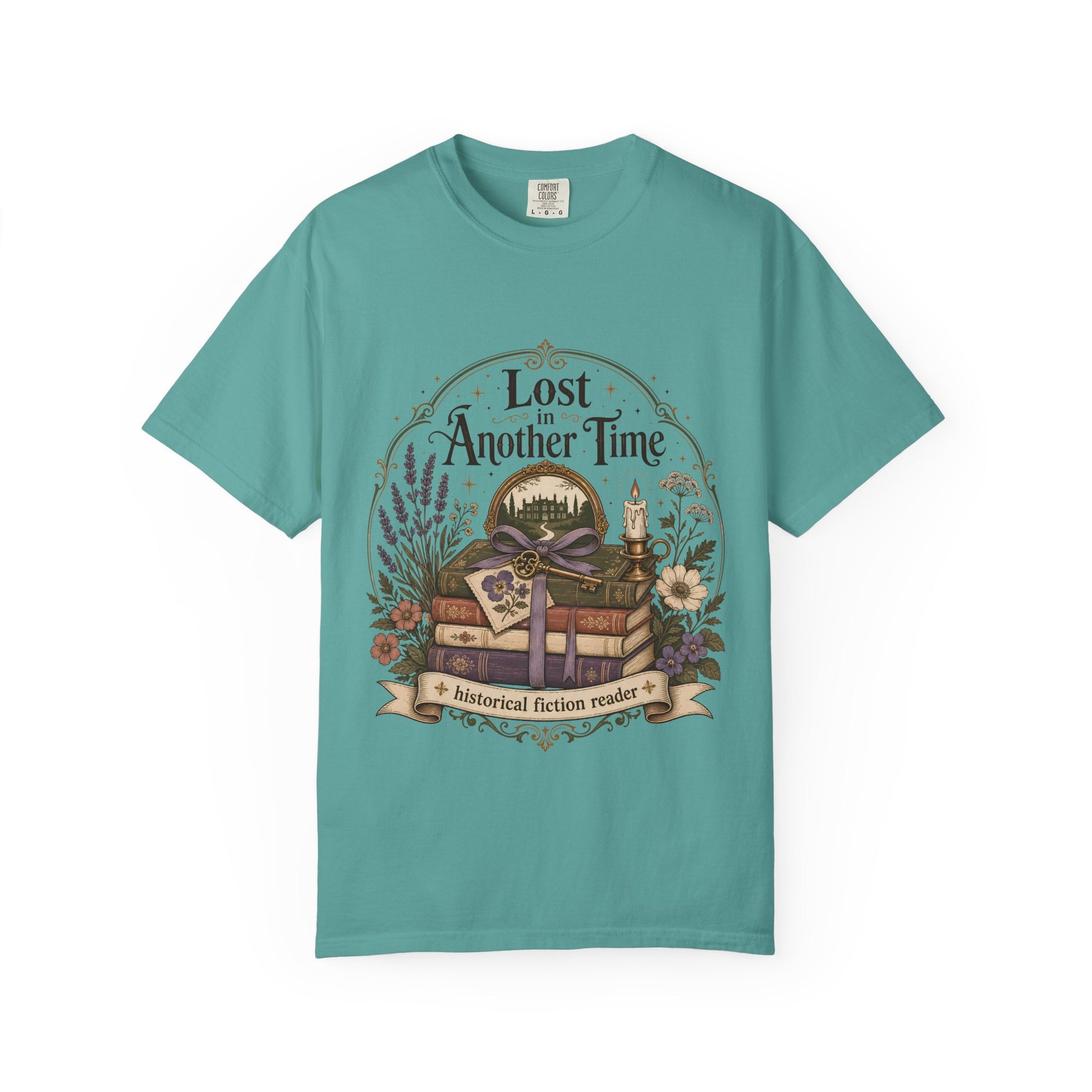 Seafoam Comfort Colors graphic tee with a nostalgic bookshop illustration for readers and book lovers.