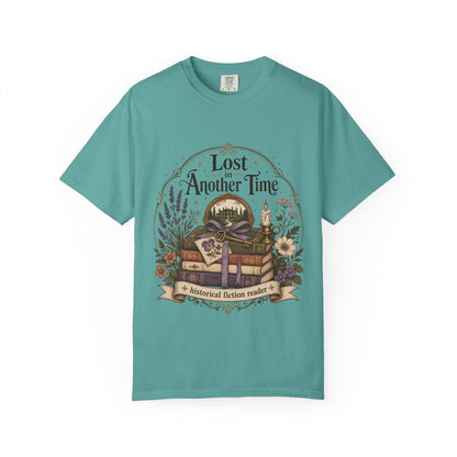 Seafoam Comfort Colors graphic tee with a nostalgic bookshop illustration for readers and book lovers.