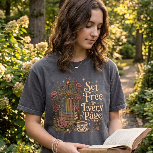Lifestyle photograph of a woman wearing the "Set Free By Every Page" Comfort Colors book lover shirt while reading outdoors in a peaceful garden, showcasing the vintage birdcage and floral literary illustration.