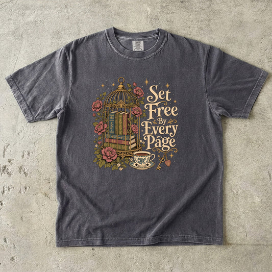 Set Free by Every Page book lover T-shirt in Pepper featuring books in an ornate birdcage surrounded by roses