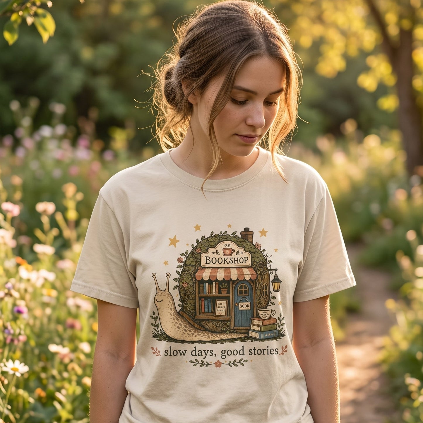 Woman wearing the Slow Days, Good Stories Book Lover Shirt on an Ivory Comfort Colors 1717 T-shirt in a woodland garden setting.

