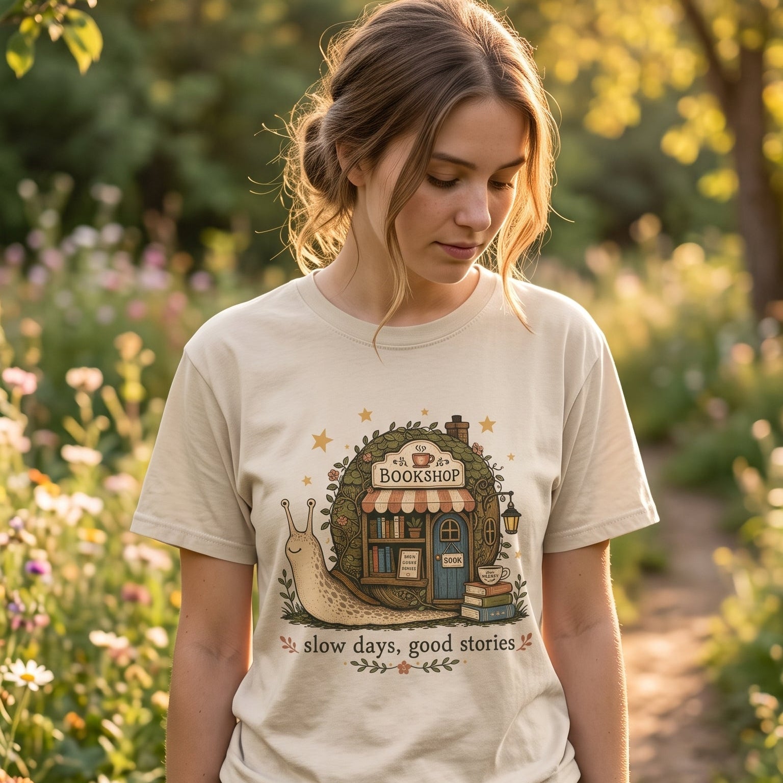Slow Days, Good Stories bookshop T-shirt featuring a whimsical snail, tiny bookshop, books and tea