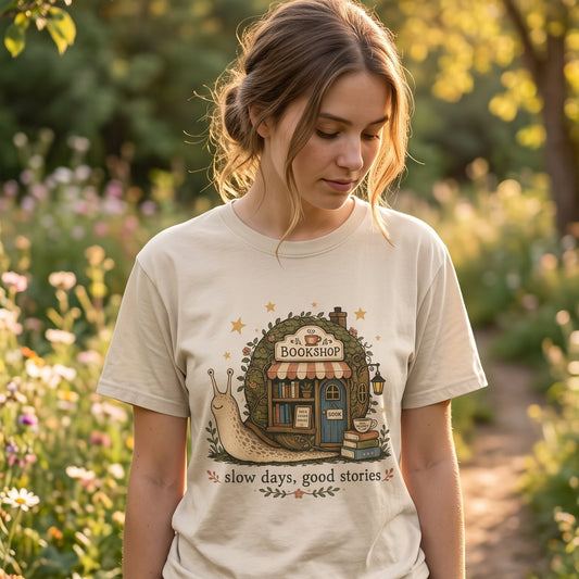 Slow Days, Good Stories bookshop T-shirt featuring a whimsical snail, tiny bookshop, books and tea