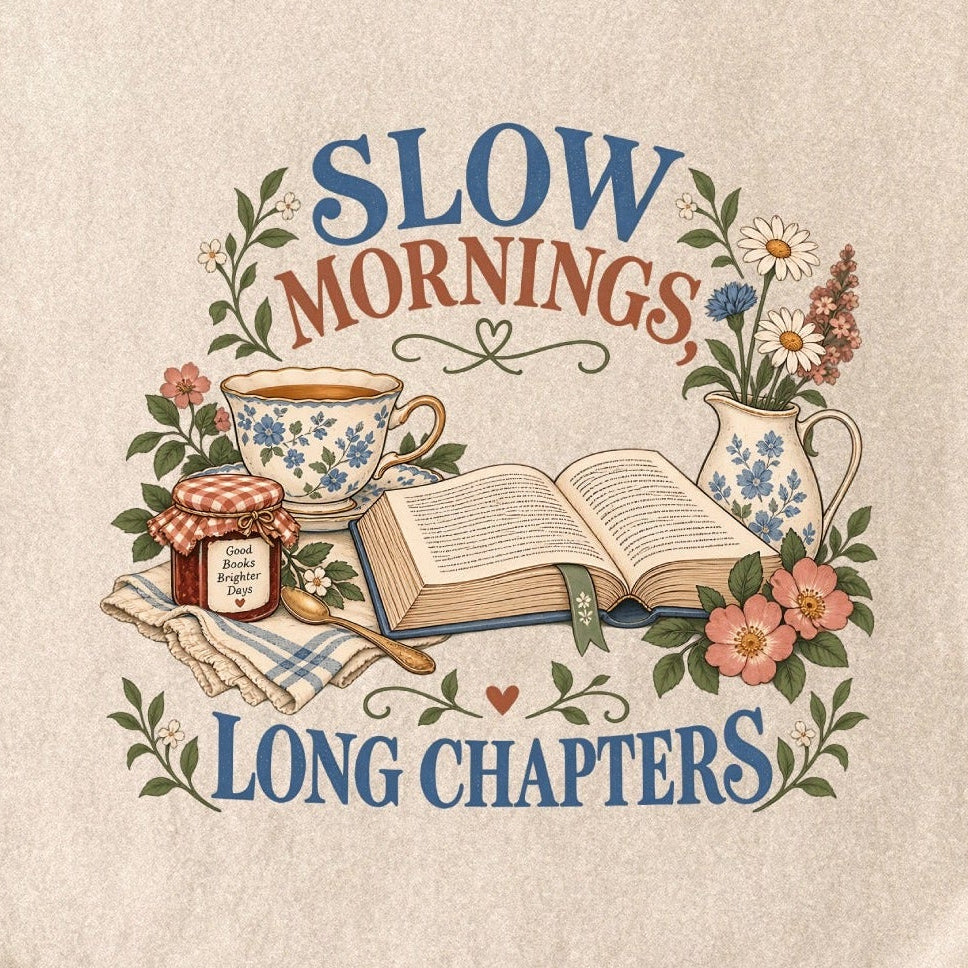Close-up of the “Slow Mornings, Long Chapters” T-shirt design, showing an open book, blue floral teacup and pitcher, a jam jar, spoon, flowers and checked cloth.