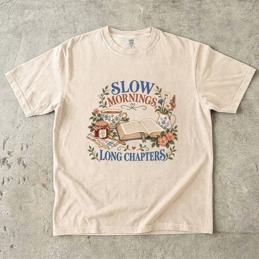 Ivory T-shirt featuring “Slow Mornings, Long Chapters” with an open book, blue floral teacup and pitcher, a jam jar, spoon, flowers and checked cloth.