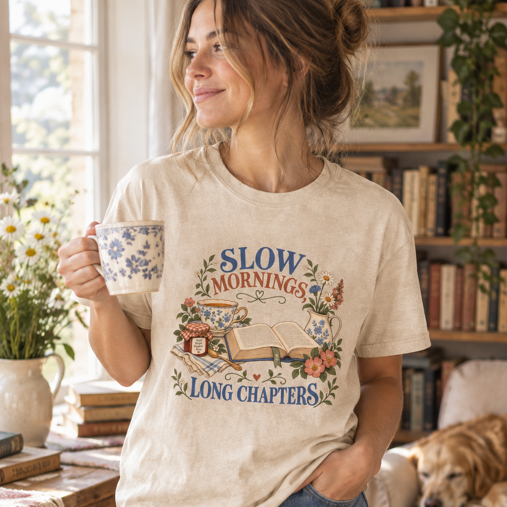 T-shirt featuring “Slow Mornings, Long Chapters” in a lifestyle presentation.