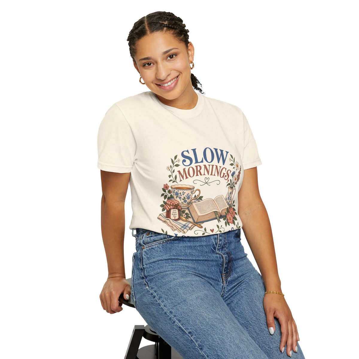 T-shirt featuring “Slow Mornings, Long Chapters” in a lifestyle presentation.