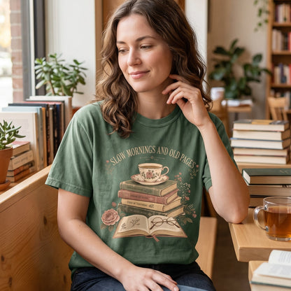 Slow Mornings and Old Pages reading T-shirt featuring vintage books, a floral teacup, open book, reading glasses and roses.