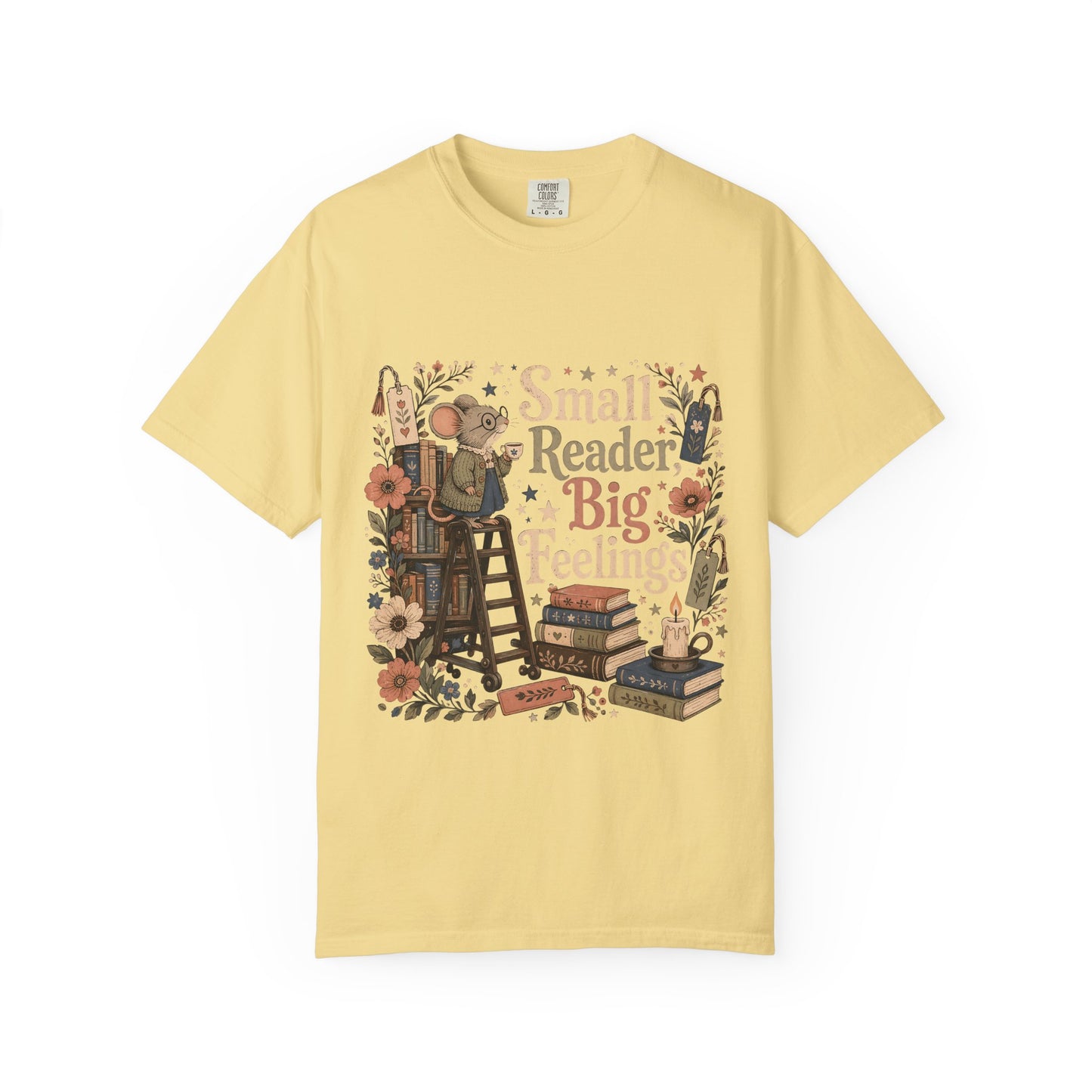 Small Reader, Big Feelings book lover T-shirt in Butter featuring a mouse with books, flowers and a teacup