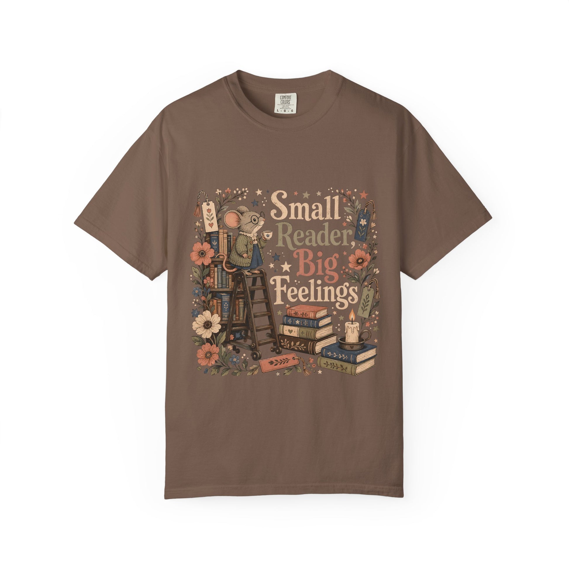 Small Reader, Big Feelings book lover T-shirt in Espresso featuring a mouse with books, flowers and a teacup