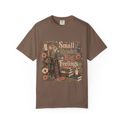 Small Reader, Big Feelings book lover T-shirt in Espresso featuring a mouse with books, flowers and a teacup