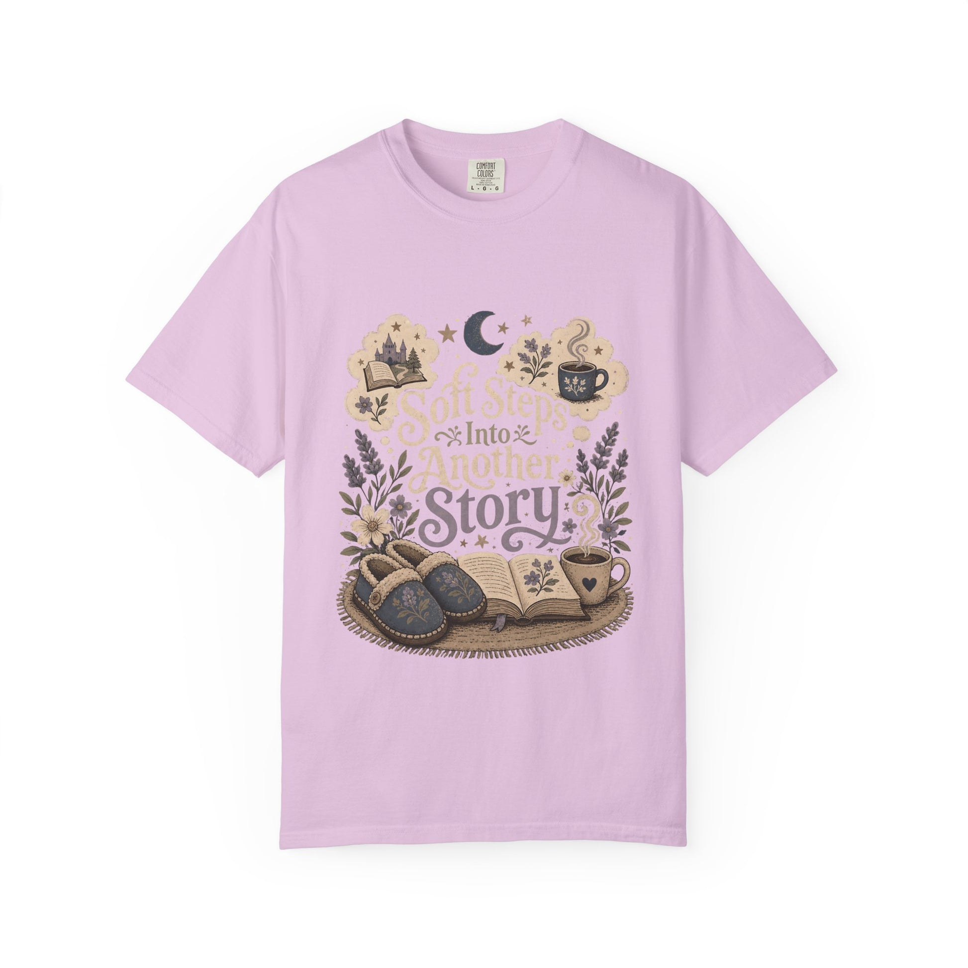 Soft Steps Into Another Story book lover shirt on a Comfort Colors orchid T-shirt featuring vintage-inspired artwork with books, cosy slippers, flowers and coffee mugs.


