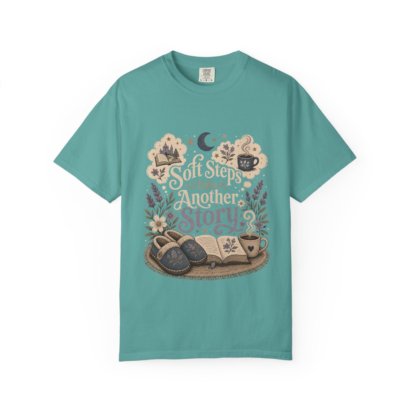 Soft Steps Into Another Story book lover shirt on a Comfort Colors seafoam T-shirt featuring vintage-inspired artwork with books, cosy slippers, flowers and coffee mugs.

