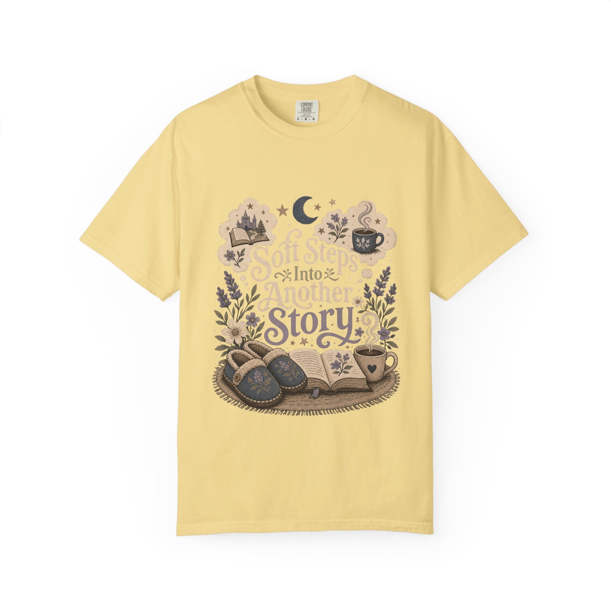 Soft Steps Into Another Story cozy reading T-shirt in Butter featuring slippers, an open book, flowers and a warm drink