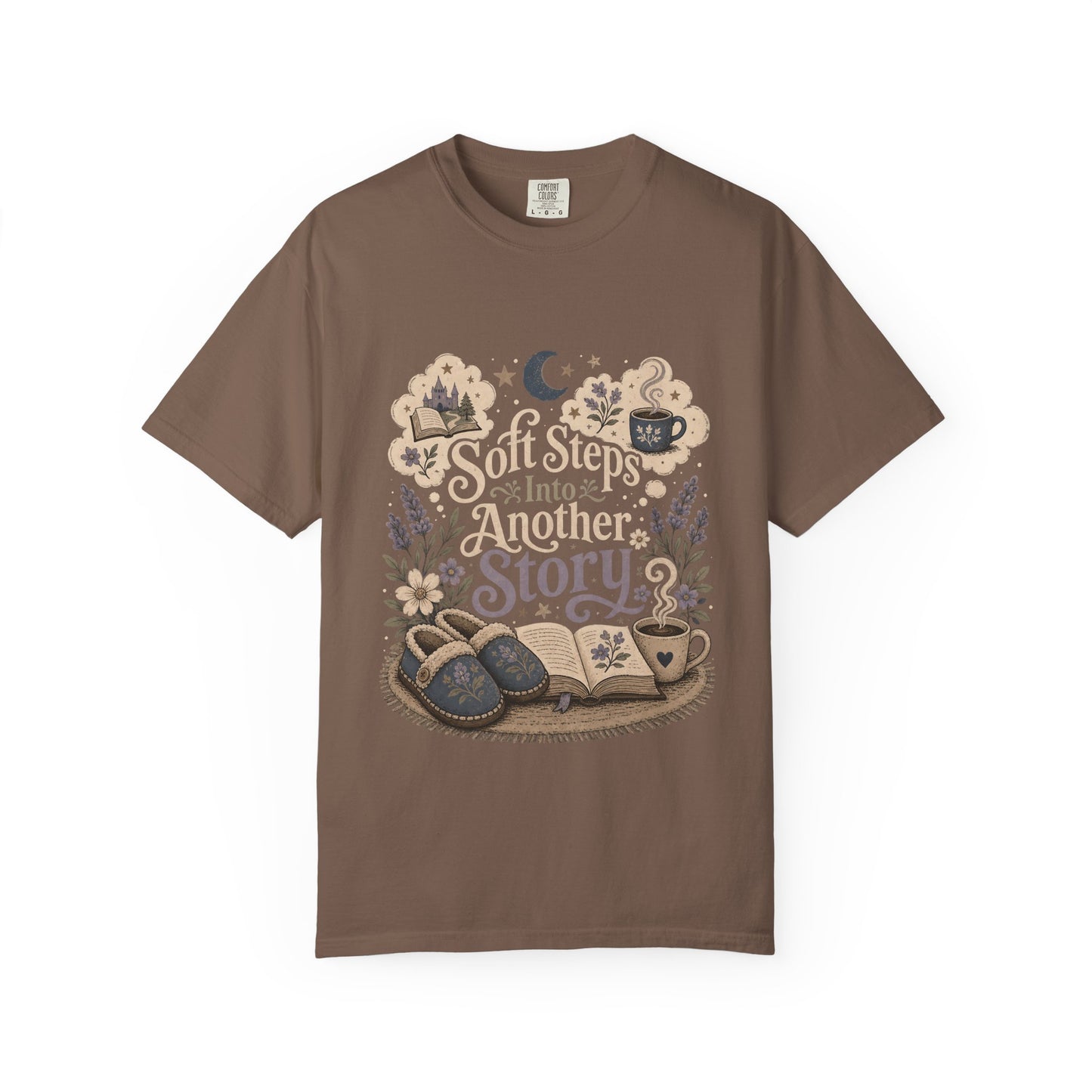 Soft Steps Into Another Story cozy reading T-shirt in Espresso featuring slippers, an open book, flowers and a warm drink