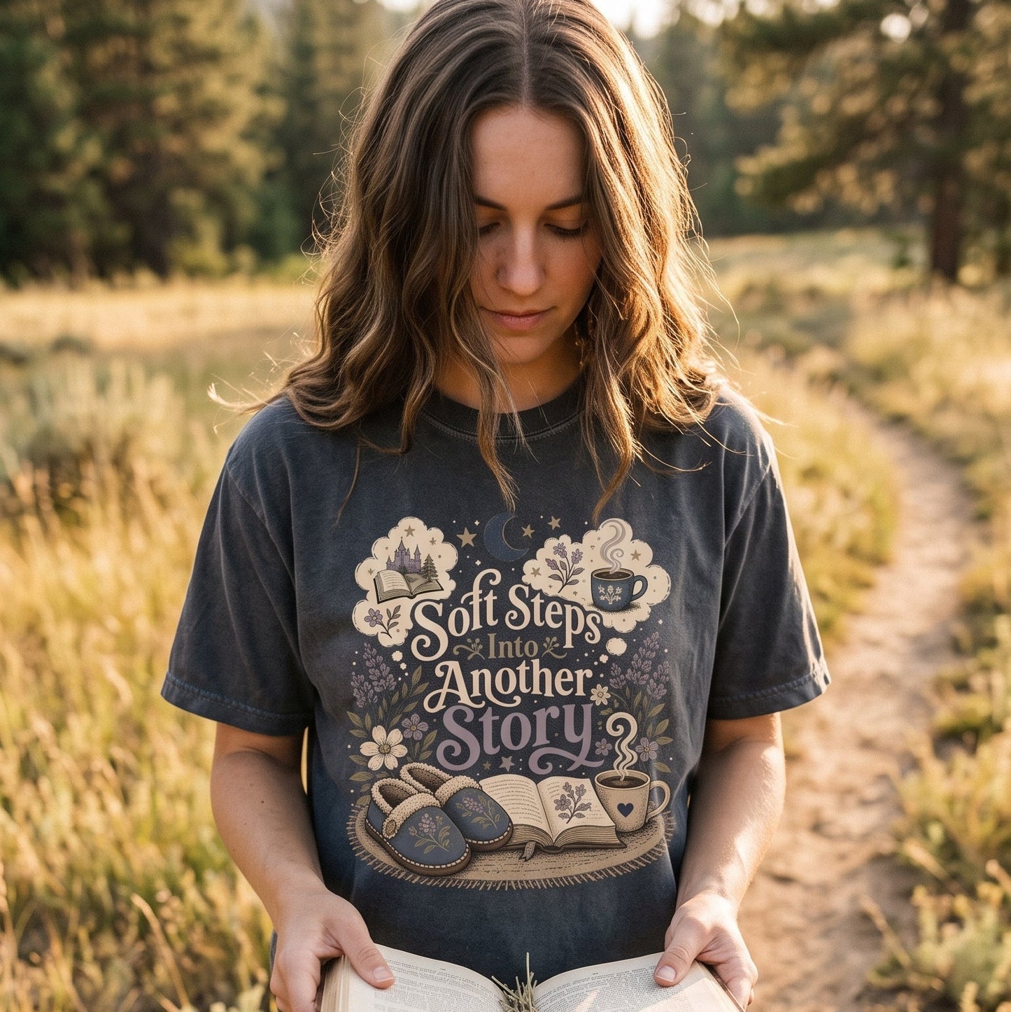 Soft Steps Into Another Story cozy reading T-shirt featuring slippers, an open book, warm drinks, flowers and dreamy storybook details
