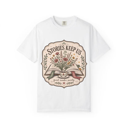 lover-tshirt-front.jpg
Front view of the Stories Keep Us vintage reading T-shirt in white with floral book-inspired artwork.