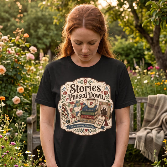 Woman wearing the Stories Passed Down family stories T-shirt in a flower garden, featuring books, a patchwork quilt and vintage family-inspired artwork. Note: Lifestyle image garment colour is for presentation only and is not a sold product colour.
