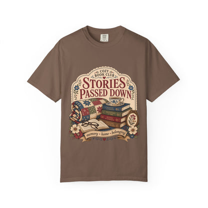 Stories Passed Down literary T-shirt with books, a patchwork quilt and floral keepsakes on Espresso.