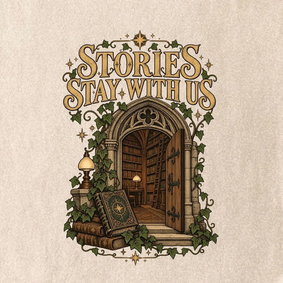 Close-up of the “Stories Stay With Us” T-shirt design, showing an ivy-covered arched library doorway, antique books, lamps and gold stars.