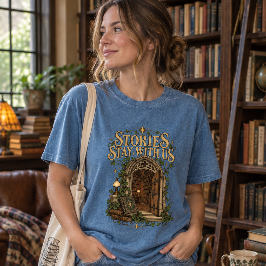 A woman wearing a blue jean graphic t-shirt with a gothic-style illustration and the text 'STORIES STAY SEAWIND' stands in a cozy, book-filled library setting.