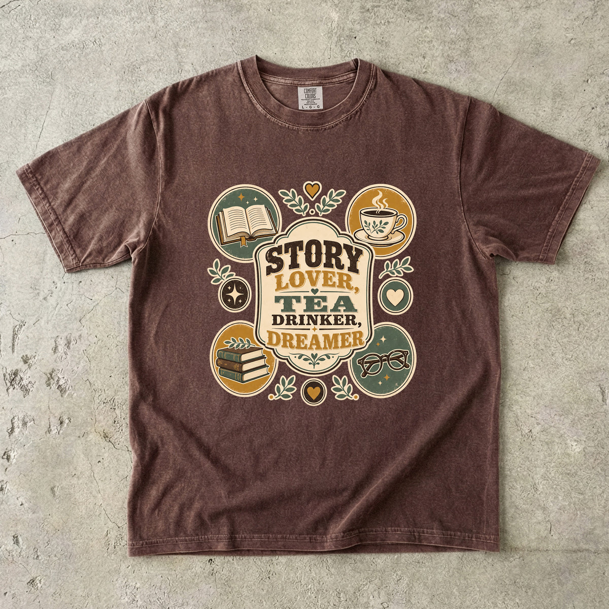 Story Lover Tea Drinker Dreamer book lover shirt in Espresso with books, tea, glasses and nostalgic literary artwork.