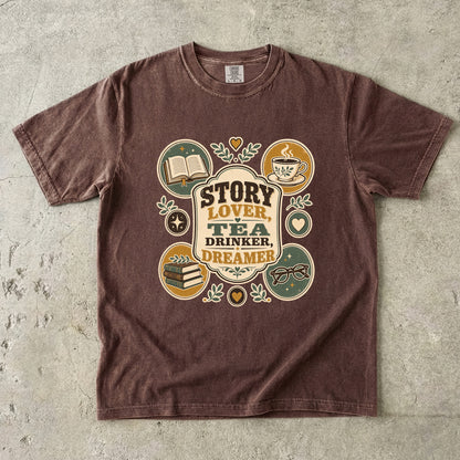 Story Lover Tea Drinker Dreamer book lover shirt in Espresso with books, tea, glasses and nostalgic literary artwork.