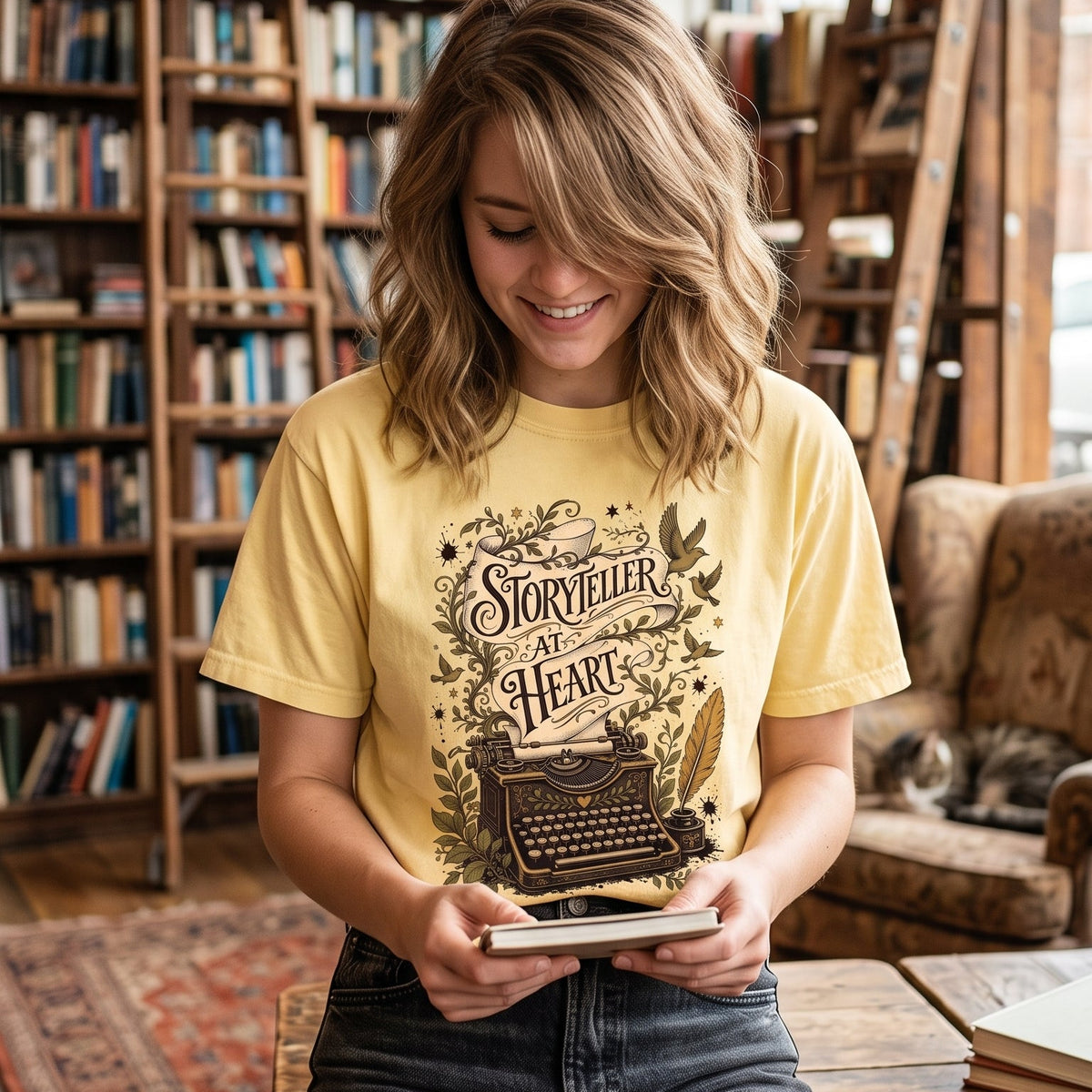 Storyteller at Heart writer shirt in Espresso styled in a literary lifestyle setting for writers and storytellers.