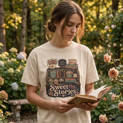 Sweet on Stories book lover T-shirt featuring a whimsical fresh-fiction cabinet filled with books, page cakes, flowers and tea