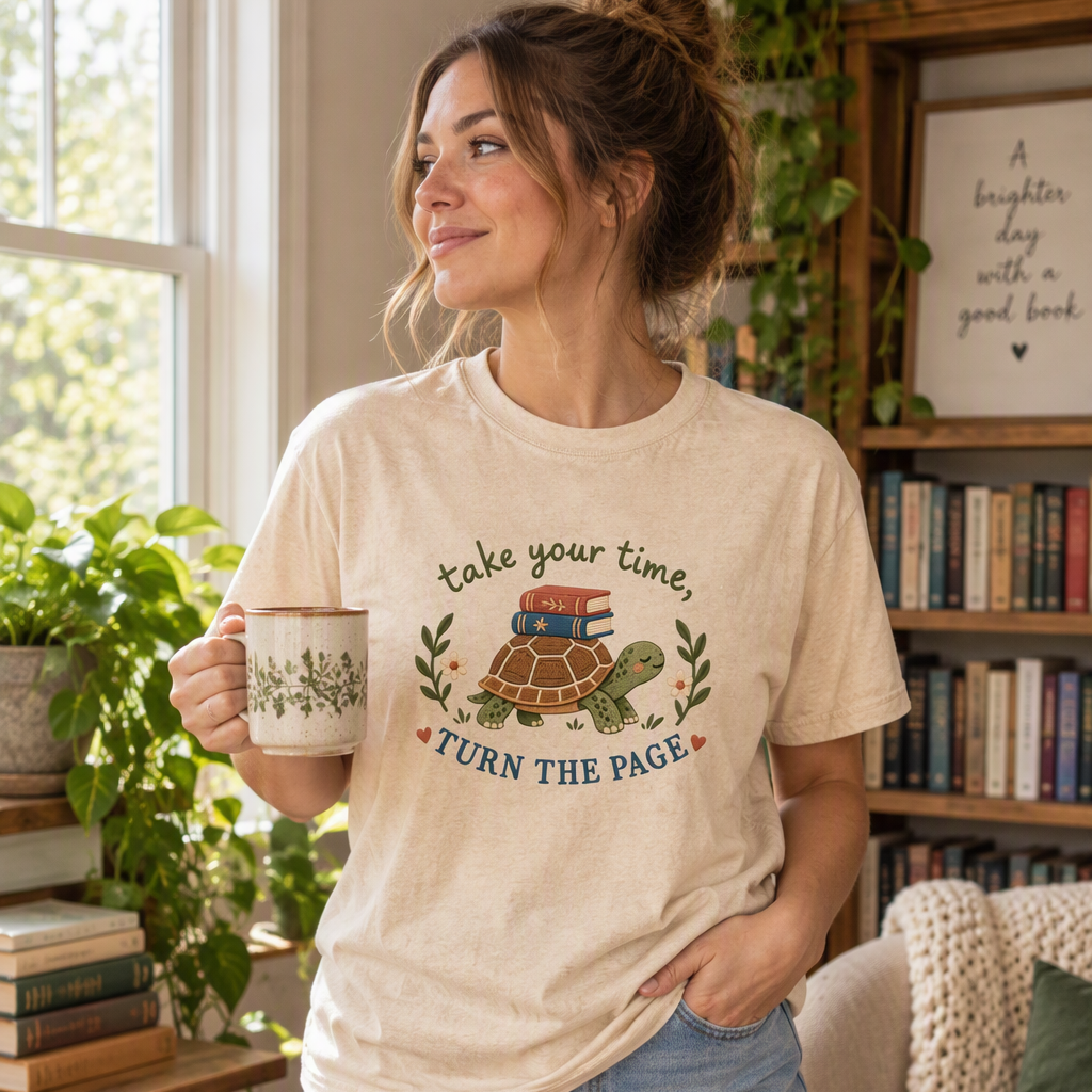 A woman stands in a cozy, book-filled room wearing a ivory graphic t-shirt with a turtle illustration and the text 'take your time, TURN THE PAGE'. She is holding a matching mug and wearing denim shorts.