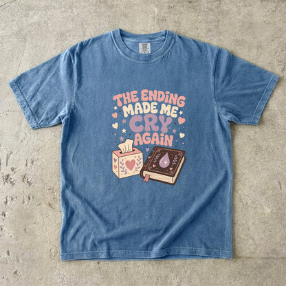 The Ending Made Me Cry Again funny reading shirt in Blue Jean featuring playful retro typography, book and tissue box artwork.